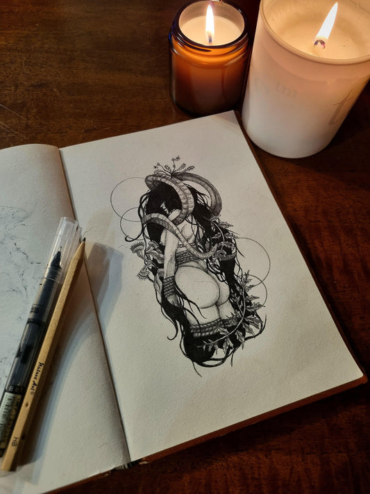 Bound Elegance - Drawing of Mythical Feminine Figure Prints